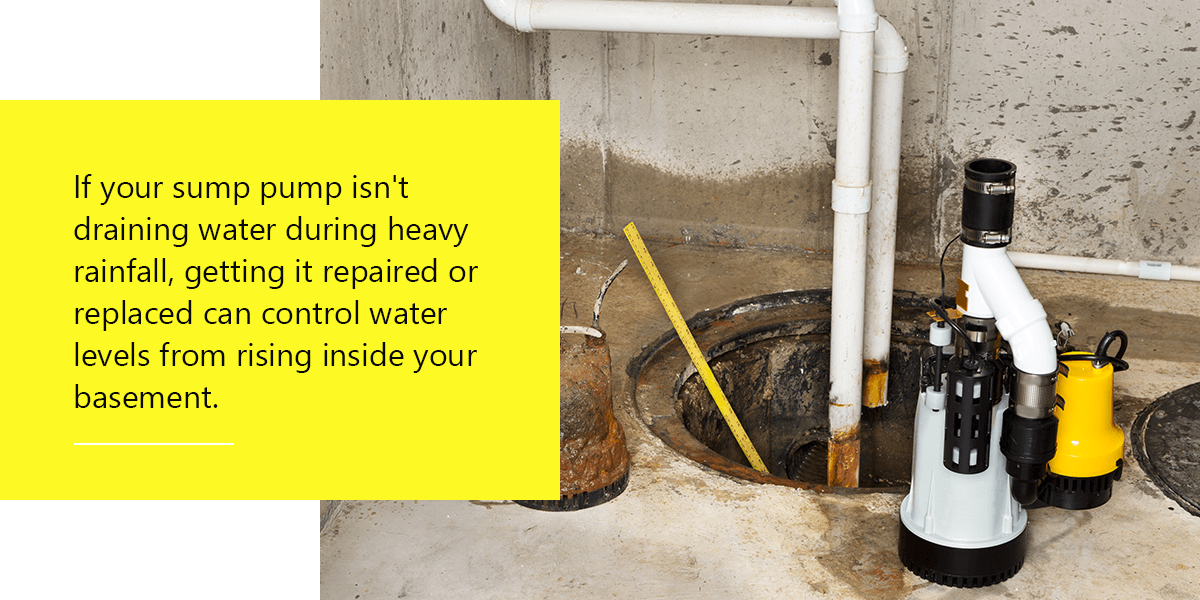If your sump pump isn't draining water during heavy rainfall, getting it repaired or replaced can control water levels from rising inside of your basement